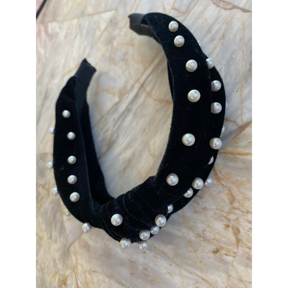 Black Velvet Faux Pearl Top Knot Headband Wide Statement Hair Accessory
